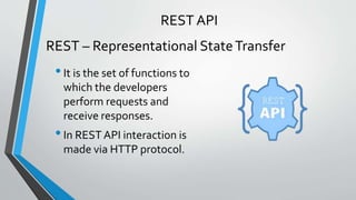 •It is the set of functions to
which the developers
perform requests and
receive responses.
•In REST API interaction is
made via HTTP protocol.
REST – Representational StateTransfer
REST API
 