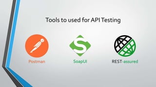 Tools to used for APITesting
Postman SoapUI REST-assured
 