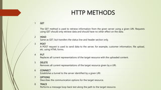 HTTP METHODS
1 GET
The GET method is used to retrieve information from the given server using a given URI. Requests
using GET should only retrieve data and should have no other effect on the data.
2 HEAD
Same as GET, but transfers the status line and header section only.
3 POST
A POST request is used to send data to the server, for example, customer information, file upload,
etc. using HTML forms.
4 PUT
Replaces all current representations of the target resource with the uploaded content.
5 DELETE
Removes all current representations of the target resource given by a URI.
6 CONNECT
Establishes a tunnel to the server identified by a given URI.
7 OPTIONS
Describes the communication options for the target resource.
8 TRACE
Performs a message loop-back test along the path to the target resource.
 