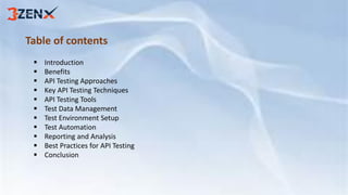 Table of contents
▪ Introduction
▪ Benefits
▪ API Testing Approaches
▪ Key API Testing Techniques
▪ API Testing Tools
▪ Test Data Management
▪ Test Environment Setup
▪ Test Automation
▪ Reporting and Analysis
▪ Best Practices for API Testing
▪ Conclusion
 