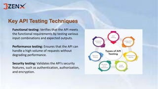 Key API Testing Techniques
Functional testing: Verifies that the API meets
the functional requirements by testing various
input combinations and expected outputs.
Performance testing: Ensures that the API can
handle a high volume of requests without
degrading performance.
Security testing: Validates the API's security
features, such as authentication, authorization,
and encryption.
 