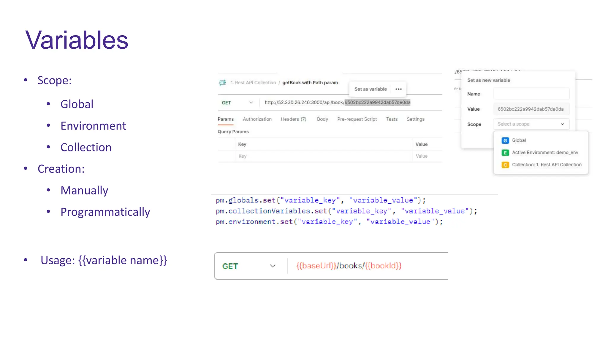 Variables
• Scope:
• Global
• Environment
• Collection
• Creation:
• Manually
• Programmatically
• Usage: {{variable name}}
 