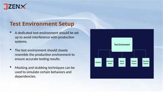 Test Environment Setup
 A dedicated test environment should be set
up to avoid interference with production
systems.
 The test environment should closely
resemble the production environment to
ensure accurate testing results.
 Mocking and stubbing techniques can be
used to simulate certain behaviors and
dependencies.
 