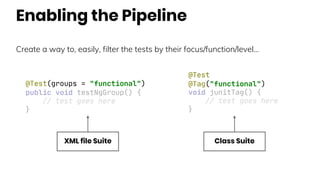 Enabling the Pipeline
Create a way to, easily, filter the tests by their focus/function/level…
@Test(groups = "functional")
public void testNgGroup() {
// test goes here
}
@Test
@Tag("functional")
void junitTag() {
// test goes here
}
XML file Suite Class Suite
 