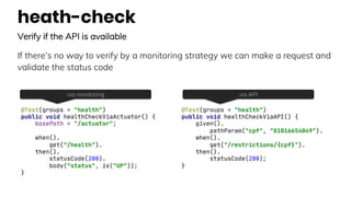 heath-check
Verify if the API is available
If there’s no way to verify by a monitoring strategy we can make a request and
validate the status code
@Test(groups = "health")
public void healthCheckViaActuator() {
basePath = "/actuator";
when().
get("/health").
then().
statusCode(200).
body("status", is("UP"));
}
via monitoring
@Test(groups = "health")
public void healthCheckViaAPI() {
given().
pathParam("cpf", "81016654049").
when().
get("/restrictions/{cpf}").
then().
statusCode(200);
}
via API
 