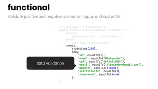 functional
Validate positive and negative scenarios (happy and sad path)
@Test(groups = {"functional"})
public void existentSocialSecirityNumber() {
given().
pathParam("cpf", "66414919004").
when().
get("/simulations/{cpf}").
then().
statusCode(200).
body(
"id", equalTo(1),
"name", equalTo("Oleksander"),
"cpf", equalTo("66414919004"),
"email", equalTo("oleksander@gmail.com"),
"amount", equalTo(11000f),
"installments", equalTo(3),
"insurance", equalTo(true)
);
}
data validation
 
