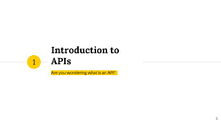Introduction to
APIs
Are you wondering what is an API?
1
5
 