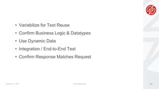 CONFIDENTIAL 26
• Variabilize for Test Reuse
• Confirm Business Logic & Datatypes
• Use Dynamic Data
• Integration / End-to-End Test
• Confirm Response Matches Request
January 21, 2021
 