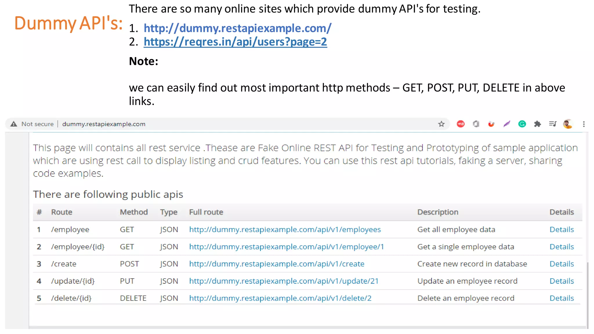 DummyAPI's:
There are so many online sites which provide dummyAPI's for testing.
1. http://dummy.restapiexample.com/
2. https://reqres.in/api/users?page=2
Note:
we can easily find out most important http methods – GET, POST, PUT, DELETE in above
links.
 