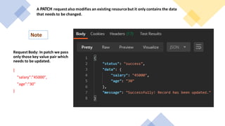A PATCH request also modifies an existing resourcebut it only contains the data
that needs to be changed.
Note
Request Body: In patch we pass
only those key value pair which
needs to be updated.
{
"salary":"45000",
"age":"30"
}
 