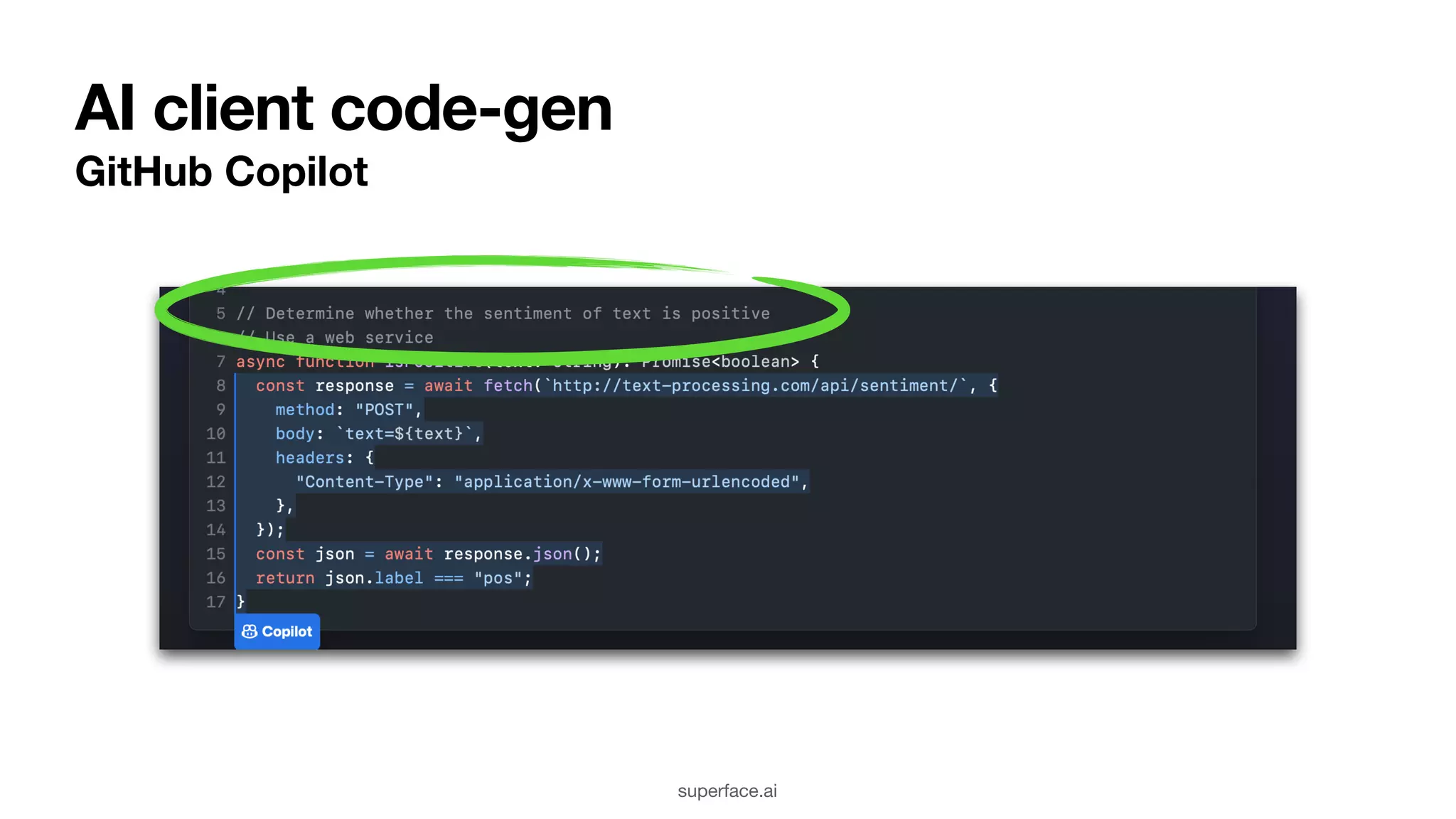 AI client code-gen GitHub Copilot superface.ai 