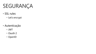 SEGURANÇA
• SSL rules
• Let’s encrypt
• Autenticação
• JWT
• Oauth 2
• OpenID
 