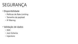 SEGURANÇA
• Disponibilidade
• Políticas de Rate Limiting
• Tamanho de payload
• IP filtering
• Validação de dados
• XSD
• Json Schema
• Injections
 