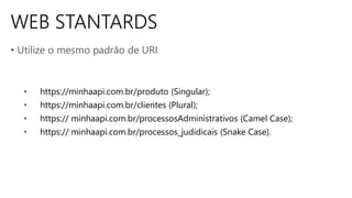 WEB STANTARDS
• Utilize o mesmo padrão de URI
• https://minhaapi.com.br/produto (Singular);
• https://minhaapi.com.br/clientes (Plural);
• https:// minhaapi.com.br/processosAdministrativos (Camel Case);
• https:// minhaapi.com.br/processos_judidicais (Snake Case).
 