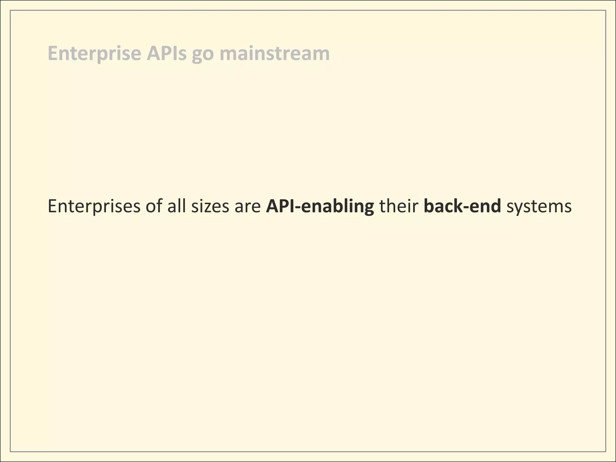 Enterprise APIs go mainstream




Enterprises of all sizes are API-enabling their back-end systems
 