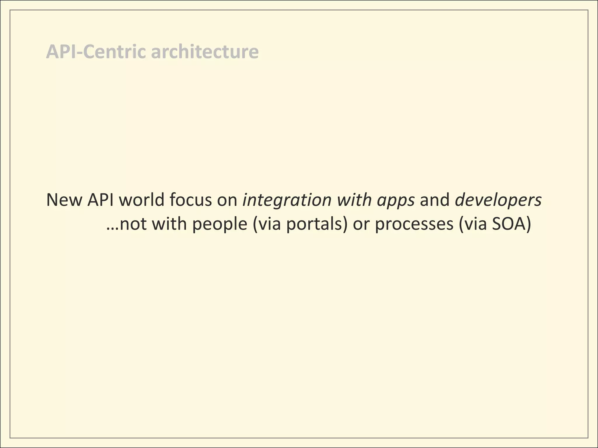 API-Centric architecture




New API world focus on integration with apps and developers
      …not with people (via portals) or processes (via SOA)
 