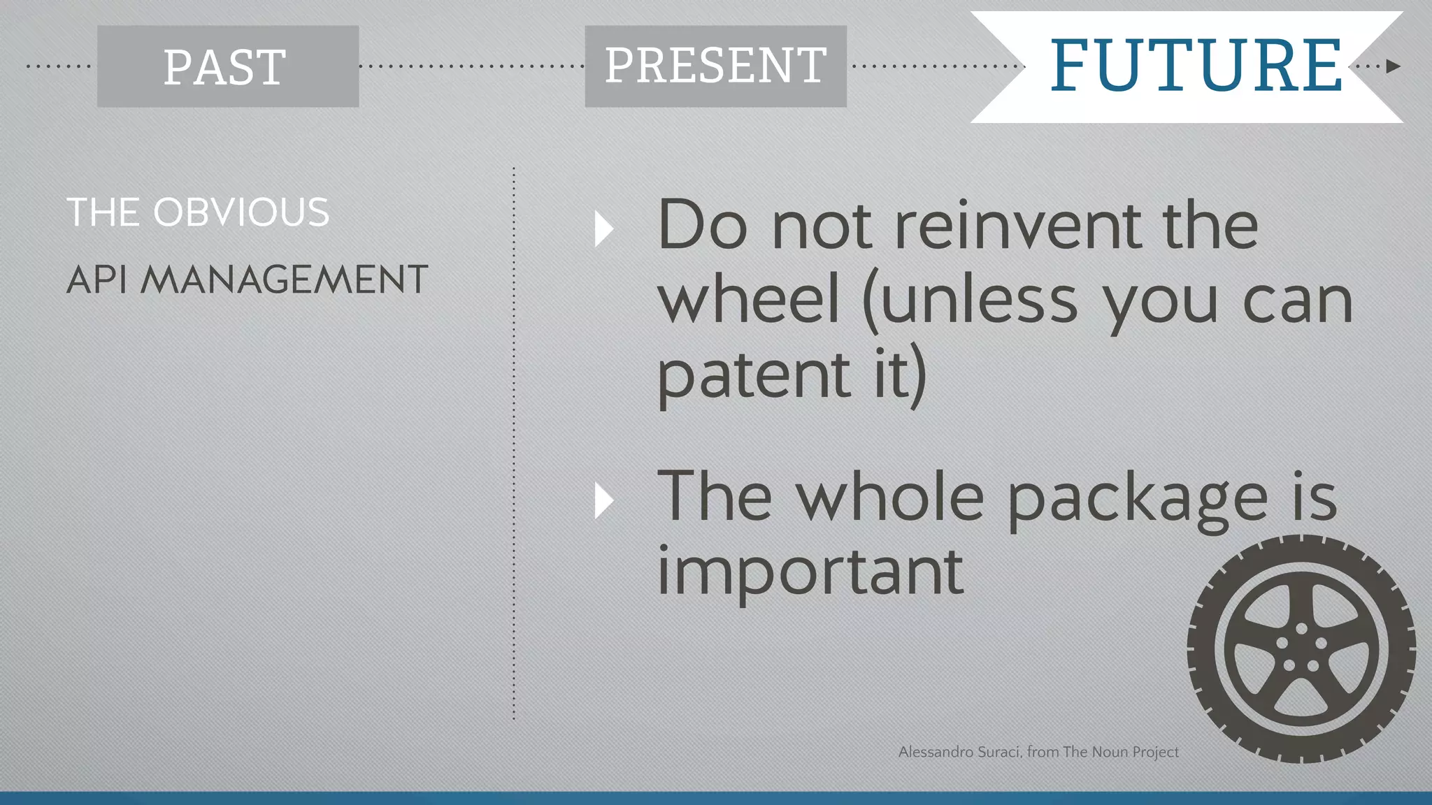 ‣ Do not reinvent the
wheel (unless you can
patent it)
‣ The whole package is
important
THE OBVIOUS
API MANAGEMENT
PAST PRESENT FUTURE
Alessandro Suraci, from The Noun Project
PRESENT
 