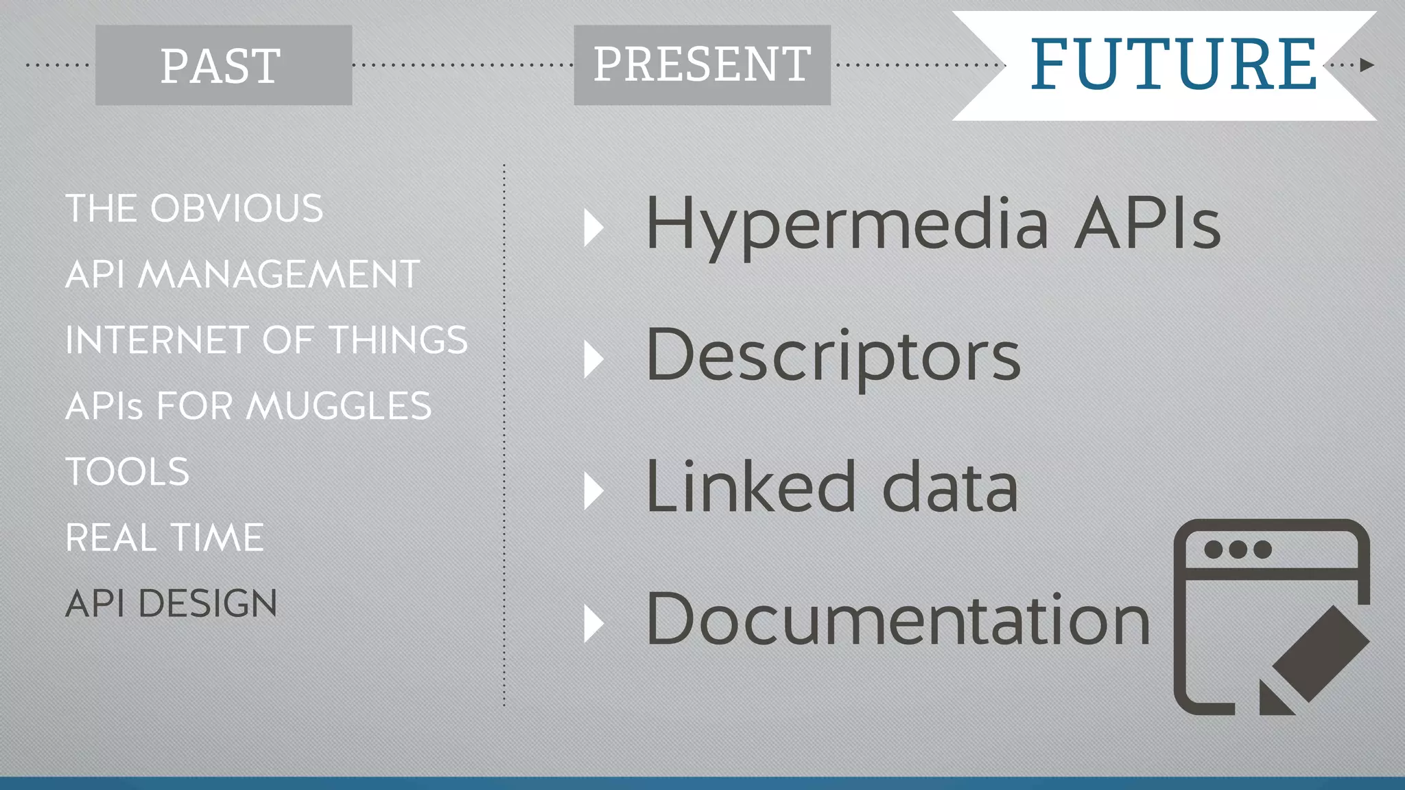 ‣ Hypermedia APIs
‣ Descriptors
‣ Linked data
‣ Documentation
THE OBVIOUS
API MANAGEMENT
INTERNET OF THINGS
APIs FOR MUGGLES
TOOLS
REAL TIME
API DESIGN
PAST PRESENT FUTUREPRESENT
 