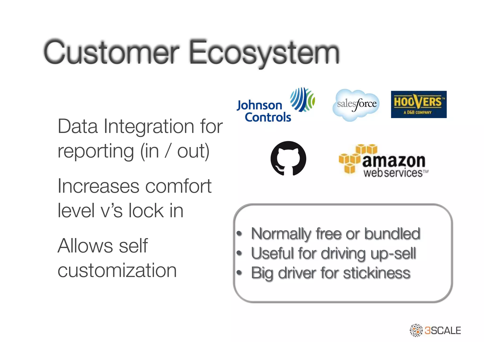 Customer Ecosystem
Data Integration for
reporting (in / out)
Increases comfort
level v’s lock in
Allows self
customization
• Normally free or bundled
• Useful for driving up-sell
• Big driver for stickiness
 