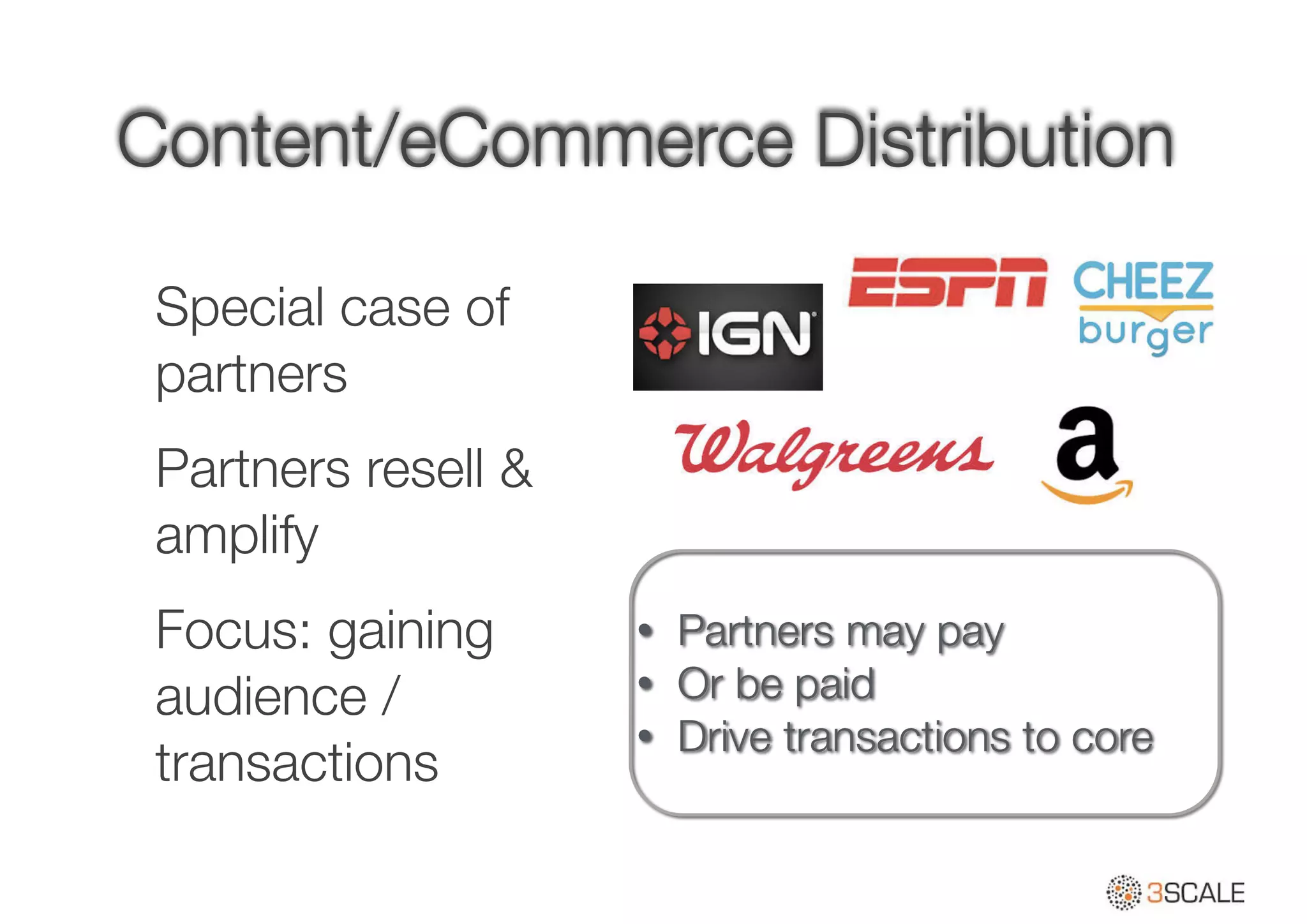 Content/eCommerce Distribution
Special case of
partners
Partners resell &
amplify
Focus: gaining
audience /
transactions
• Partners may pay
• Or be paid
• Drive transactions to core
 