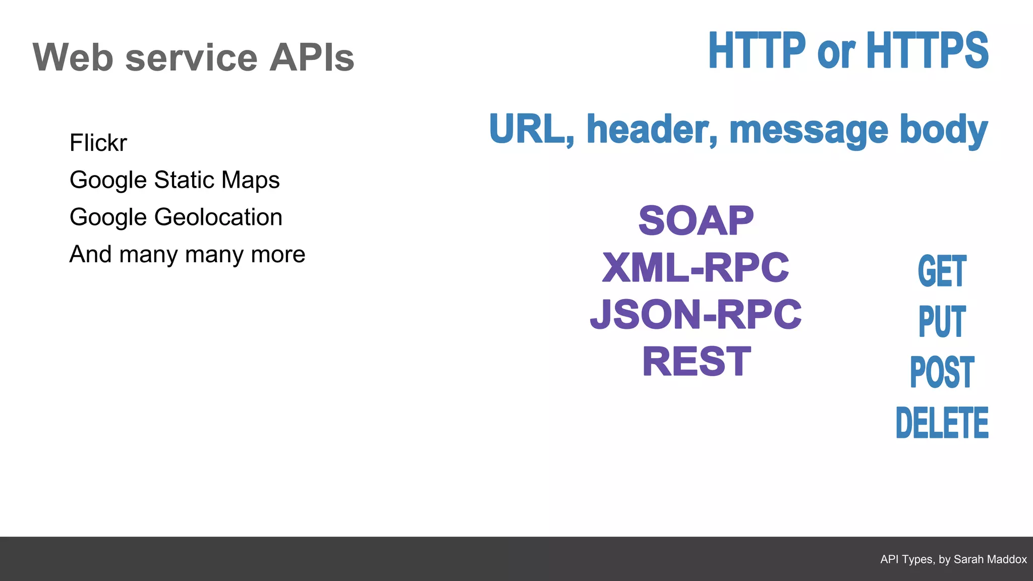 API Types, by Sarah Maddox
Web service APIs
Flickr
Google Static Maps
Google Geolocation
And many many more
 