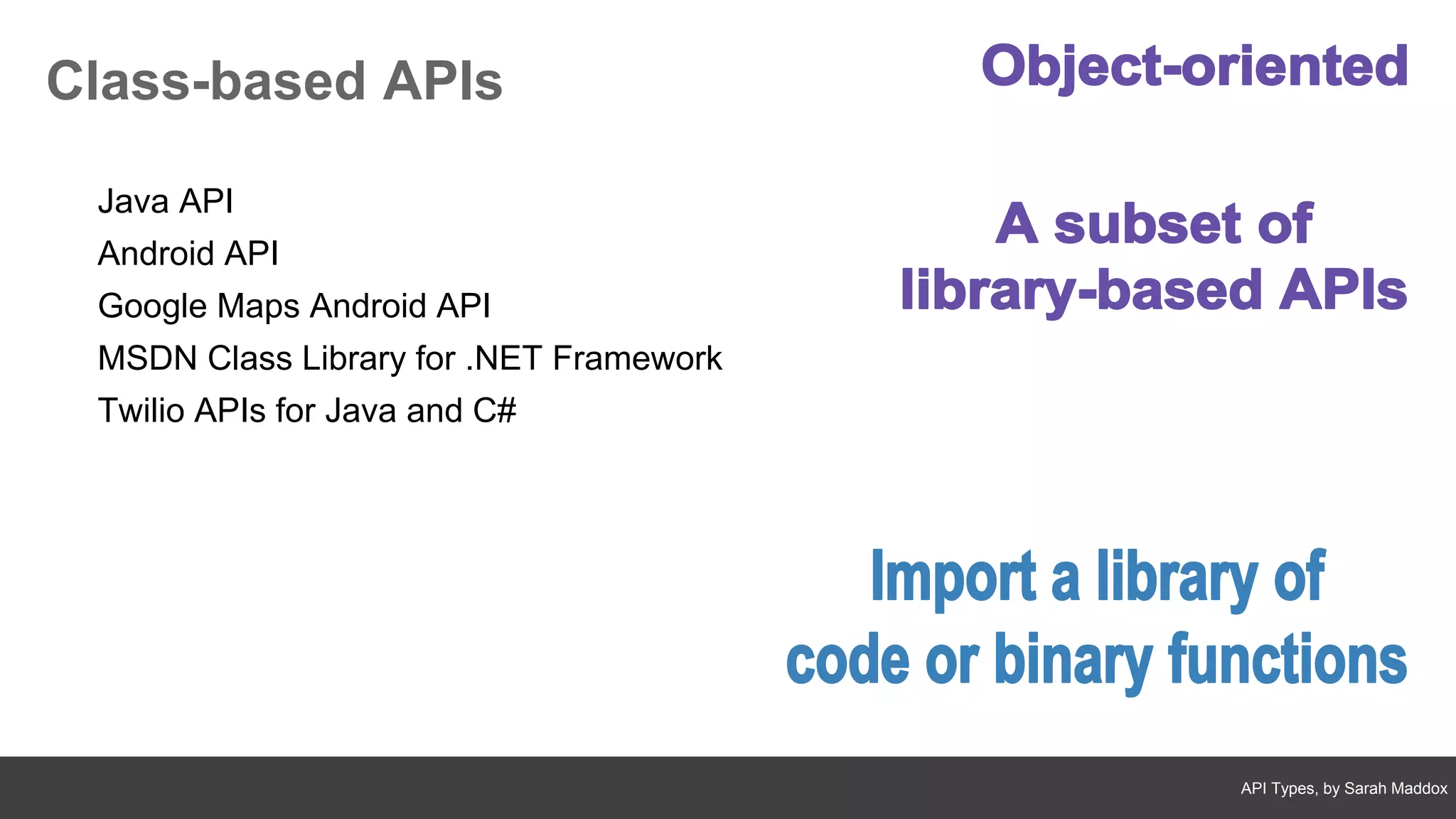 API Types, by Sarah Maddox
Class-based APIs
Java API
Android API
Google Maps Android API
MSDN Class Library for .NET Framework
Twilio APIs for Java and C#
 