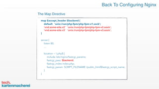 Back To Conﬁguring Nginx
map $accept_header $backend {
default ‘unix:/run/php-fpm/php-fpm-v1.sock’;
‘vnd.some-site.v2’ ‘unix:/run/php-fpm/php-fpm-v2.sock’;
‘vnd.some-site.v3’ ‘unix:/run/php-fpm/php-fpm-v3.sock’;
}
server {
listen 80;
…
location ~ .php$ {
include /etc/nginx/fastcgi_params;
fastcgi_pass $backend;
fastcgi_index index.php;
fastcgi_param SCRIPT_FILENAME /public_html$fastcgi_script_name;
}
}
The Map Directive
 