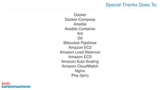 Docker
Docker-Compose
Ansible
Ansible Container
Ant
Git
Bitbucket Pipelines
Amazon EC2
Amazon Load Balancer
Amazon ECS
Amazon Auto-Scaling
Amazon CloudWatch
Nginx
Php (fpm)
Docker
Docker-Compose
Ansible
Ansible Container
Ant
Git
Bitbucket Pipelines
Amazon EC2
Amazon Load Balancer
Amazon ECS
Amazon Auto-Scaling
Amazon CloudWatch
Nginx
Php (fpm)
Special Thanks Goes To:
 