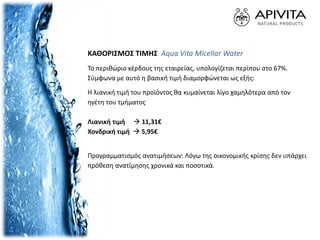 ΚΑΘΟΡΙΣΜΟΣ ΤΙΜΗΣ Aqua Vita Micellar Water
Το περιθώριο κέρδους της εταιρείας, υπολογίζεται περίπου στο 67%.
Σύμφωνα με αυτό η βασική τιμή διαμορφώνεται ως εξής:
Η λιανική τιμή του προϊόντος θα κυμαίνεται λίγο χαμηλότερα από τον
ηγέτη του τμήματος
Λιανική τιμή  11,31€
Χονδρική τιμή  5,95€
Προγραμματισμός ανατιμήσεων: Λόγω της οικονομικής κρίσης δεν υπάρχει
πρόθεση ανατίμησης χρονικά και ποσοτικά.
 