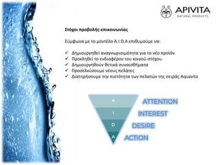Στόχοι προβολής-επικοινωνίας
Σύμφωνα με το μοντέλο A.I.D.A επιθυμούμε να:
 Δημιουργηθεί αναγνωρισιμότητα για το νέο προϊόν
 Προκληθεί το ενδιαφέρον του κοινού-στόχου
 Δημιουργηθούν θετικά συναισθήματα
 Προσελκύσουμε νέους πελάτες
 Διατηρήσουμε την πιστότητα των πελατών της σειράς Aquavita
 