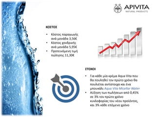 ΚΟΣΤΟΣ
• Κόστος παραγωγής
ανά μονάδα 3,56€
• Κόστος χονδρικής
ανά μονάδα 5,95€
• Προτεινόμενη τιμή
πώλησης 11,30€
ΣΤΟΧΟΙ
• Για κάθε μία κρέμα Aqua Vita που
θα πουληθεί τον πρώτο χρόνο θα
πουλιέται αντίστοιχα και ένα
μπουκάλι Aqua Vita Micellar Water
• Αύξηση των πωλήσεων από 0,45%
σε 3% τον πρώτο χρόνο
κυκλοφορίας του νέου προϊόντος,
και 3% κάθε επόμενο χρόνο
 