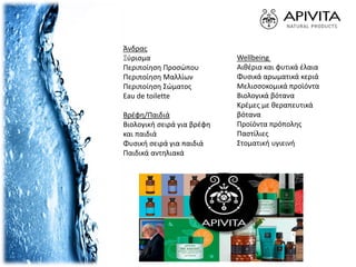 Άνδρας
Ξύρισμα
Περιποίηση Προσώπου
Περιποίηση Μαλλίων
Περιποίηση Σώματος
Eau de toilette
Βρέφη/Παιδιά
Βιολoγική σειρά για βρέφη
και παιδιά
Φυσική σειρά για παιδιά
Παιδικά αντηλιακά
Wellbeing
Αιθέρια και φυτικά έλαια
Φυσικά αρωματικά κεριά
Μελισσοκομικά προϊόντα
Βιολογικά βότανα
Κρέμες με θεραπευτικά
βότανα
Προϊόντα πρόπολης
Παστίλιες
Στοματική υγιεινή
 