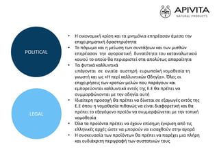 • Η οικονομική κρίση και τα μνημόνια επηρέασαν άμεσα την
επιχειρηματική δραστηριότητα
• Το πάγωμα και η μείωση των συντάξεων και των μισθών
επηρέασαν την αγοραστική δυνατότητα του καταναλωτικού
κοινού το οποίο θα περιοριστεί στα απολύτως απαραίτητα
• Τα φυτικά καλλυντικά
υπάγονται σε ενιαία αυστηρή ευρωπαϊκή νομοθεσία τη
γνωστή και ως «Η περί καλλυντικών Οδηγία». Όλες οι
επιχειρήσεις των κρατών μελών που παράγουν και
εμπορεύονται καλλυντικά εντός της Ε.Ε θα πρέπει να
συμμορφώνονται με την οδηγία αυτή
• Ιδιαίτερη προσοχή θα πρέπει να δίνεται σε εξαγωγές εκτός της
Ε.Ε όπου η νομοθεσία πιθανώς να είναι διαφορετική και θα
πρέπει το εξαγόμενο προϊόν να συμμορφώνεται με την τοπική
νομοθεσία
• Όλα τα προϊόντα πρέπει να έχουν επίσημη έγκριση από τις
ελληνικές αρχές ώστε να μπορούν να εισαχθούν στην αγορά
• Η συσκευασία των προϊόντων θα πρέπει να παρέχει μια πλήρη
και ευδιάκριτη περιγραφή των συστατικών τους
POLITICAL
LEGAL
 