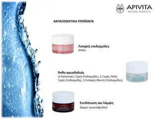 ΑΝΤΑΓΩΝΙΣΤΙΚΑ ΠΡΟΪΟΝΤΑ
Άνθη αμυγδαλιάς
(1.Κανονικές-Ξηρές Επιδερμίδες, 2.Ξηρές-Πολύ
Ξηρές Επιδερμίδες, 3.Λιπαρές-Μικτές Επιδερμίδες)
Ενυδάτωση και λάμψη
(Άγριο τριαντάφυλλο)
Λιπαρές επιδερμίδες
(Ρόδι)
 