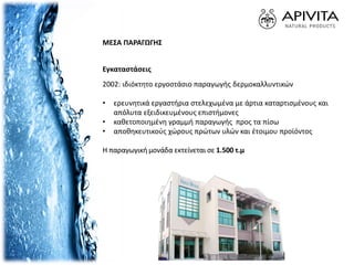 ΜΕΣΑ ΠΑΡΑΓΩΓΗΣ
Εγκαταστάσεις
2002: ιδιόκτητο εργοστάσιο παραγωγής δερμοκαλλυντικών
• ερευνητικά εργαστήρια στελεχωμένα με άρτια καταρτισμένους και
απόλυτα εξειδικευμένους επιστήμονες
• καθετοποιημένη γραμμή παραγωγής προς τα πίσω
• αποθηκευτικούς χώρους πρώτων υλών και έτοιμου προϊόντος
Η παραγωγική μονάδα εκτείνεται σε 1.500 τ.μ
 