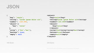 JSON
{                                        <object>
    "key": "vaule",                      ! <key>vaule</key>
    "st...