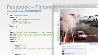 Facebook – Picture
graph.facebook.com/251092214938743
{
    "id": "251092214938743",
    "from": {
       "name": "Mercede...