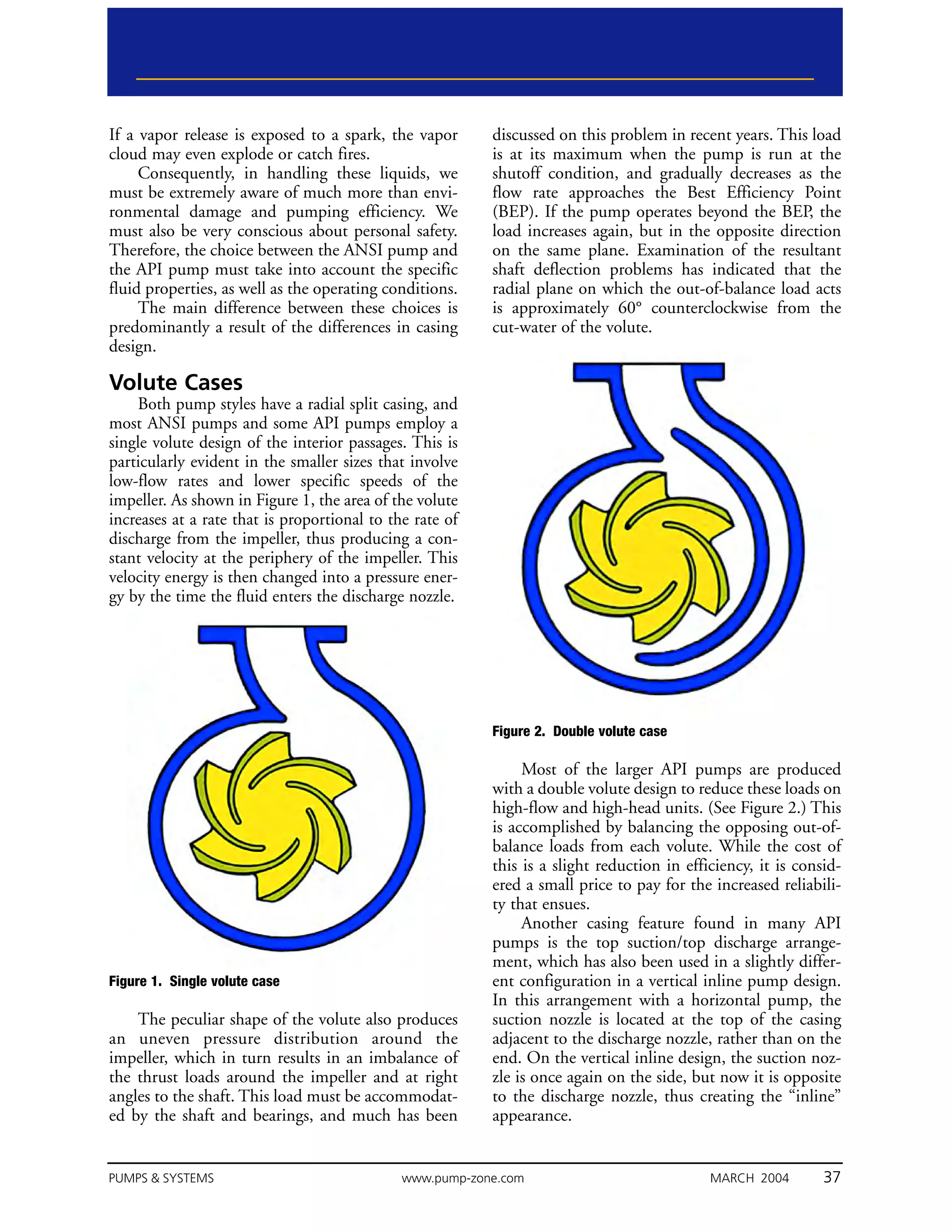 If a vapor release is exposed to a spark, the vapor       discussed on this problem in recent years. This load
cloud may even explode or catch fires.                    is at its maximum when the pump is run at the
     Consequently, in handling these liquids, we          shutoff condition, and gradually decreases as the
must be extremely aware of much more than envi-           flow rate approaches the Best Efficiency Point
ronmental damage and pumping efficiency. We               (BEP). If the pump operates beyond the BEP, the
must also be very conscious about personal safety.        load increases again, but in the opposite direction
Therefore, the choice between the ANSI pump and           on the same plane. Examination of the resultant
the API pump must take into account the specific          shaft deflection problems has indicated that the
fluid properties, as well as the operating conditions.    radial plane on which the out-of-balance load acts
     The main difference between these choices is         is approximately 60° counterclockwise from the
predominantly a result of the differences in casing       cut-water of the volute.
design.

Volute Cases
    Both pump styles have a radial split casing, and
most ANSI pumps and some API pumps employ a
single volute design of the interior passages. This is
particularly evident in the smaller sizes that involve
low-flow rates and lower specific speeds of the
impeller. As shown in Figure 1, the area of the volute
increases at a rate that is proportional to the rate of
discharge from the impeller, thus producing a con-
stant velocity at the periphery of the impeller. This
velocity energy is then changed into a pressure ener-
gy by the time the fluid enters the discharge nozzle.




                                                          Figure 2. Double volute case

                                                               Most of the larger API pumps are produced
                                                          with a double volute design to reduce these loads on
                                                          high-flow and high-head units. (See Figure 2.) This
                                                          is accomplished by balancing the opposing out-of-
                                                          balance loads from each volute. While the cost of
                                                          this is a slight reduction in efficiency, it is consid-
                                                          ered a small price to pay for the increased reliabili-
                                                          ty that ensues.
                                                               Another casing feature found in many API
                                                          pumps is the top suction/top discharge arrange-
                                                          ment, which has also been used in a slightly differ-
Figure 1. Single volute case                              ent configuration in a vertical inline pump design.
                                                          In this arrangement with a horizontal pump, the
    The peculiar shape of the volute also produces        suction nozzle is located at the top of the casing
an uneven pressure distribution around the                adjacent to the discharge nozzle, rather than on the
impeller, which in turn results in an imbalance of        end. On the vertical inline design, the suction noz-
the thrust loads around the impeller and at right         zle is once again on the side, but now it is opposite
angles to the shaft. This load must be accommodat-        to the discharge nozzle, thus creating the “inline”
ed by the shaft and bearings, and much has been           appearance.


PUMPS & SYSTEMS                               www.pump-zone.com                             MARCH 2004        37
 