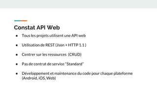 Constat API Web
● Tous les projets utilisent une API web
● Utilisation de REST (Json + HTTP 1.1 )
● Centrer sur les ressources (CRUD)
● Pas de contrat de service “Standard”
● Développement et maintenance du code pour chaque plateforme
(Android, iOS, Web)
 