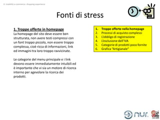 4. Usabilità e-commerce: shopping experience




                                               Fonti di stress
          1. Troppe offerte in homepage                    1.   Troppe offerte nella homepage
          La homepage del sito deve essere ben             2.   Processi di acquisto complessi
          strutturata, non avere testi compressi con       3.   L’obbligo di registrazione
          un font troppo piccolo, non essere troppo        4.   L’esclusione dell’IVA
                                                           5.   Categorie di prodotti poco fornite
          complessa, cioè ricca di informazioni, link
                                                           6.   Grafica “Artigianale”
          ed immagini tra loro troppo ravvicinate.

          Le categorie del menu principale e i link
          devono essere immediatamente intuibili ed
          è importante che vi sia un motore di ricerca
          interno per agevolare la ricerca dei
          prodotti.
 