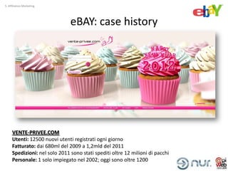 5. Affiliation Marketing




                               eBAY: case history




     VENTE-PRIVEE.COM
     Utenti: 12500 nuovi utenti registrati ogni giorno
     Fatturato: dai 680ml del 2009 a 1,2mld del 2011
     Spedizioni: nel solo 2011 sono stati spediti oltre 12 milioni di pacchi
     Personale: 1 solo impiegato nel 2002; oggi sono oltre 1200
 