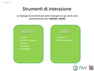 7. Customer Care




                         Strumenti di interazione
                   Le tipologie di strumenti per poter interagire con gli utenti sono
                                essenzialmente due: indiretti e diretti.




                       INDIRETTI                                  DIRETTI
                     • E-mail                                • Telefono
                     • Form di contatto                      • Online assistant
                     • Twitter
                     • Facebook
                     • Packaging
 