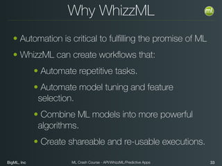 BigML, Inc 33ML Crash Course - API/WhizzML/Predictive Apps
Why WhizzML
• Automation is critical to fulﬁlling the promise of ML
• WhizzML can create workﬂows that:
• Automate repetitive tasks.
• Automate model tuning and feature
selection.
• Combine ML models into more powerful
algorithms.
• Create shareable and re-usable executions.
 