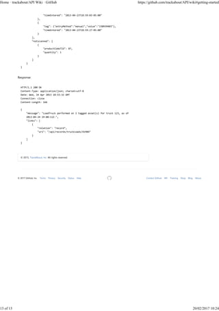 "timeEntered": "2013-04-23T18:59:03-05:00"
},
{
"tag": {"entryMethod":"manual","value":"230939403"},
"timeEntered": "2013-04-23T18:59:27-05:00"
}
],
"notscanned": [
{
"productCodeTId": 87,
"quantity": 1
}
]
}
}
Response:
HTTP/1.1 200 OK
Content-Type: application/json; charset=utf-8
Date: Wed, 24 Apr 2013 18:53:32 GMT
Connection: close
Content-Length: 166
{
"message": "LoadTruck performed on 2 tagged asset(s) for truck 123, as of
2013-04-24 19:00:11Z.",
"links": [
{
"relation": "record",
"uri": "/api/records/truckLoads/41984"
}
]
}
© 2015, TrackAbout, Inc. All rights reserved.
Contact GitHub API Training Shop Blog About© 2017 GitHub, Inc. Terms Privacy Security Status Help
Home · trackabout/API Wiki · GitHub https://github.com/trackabout/API/wiki#getting-started
13 of 13 20/02/2017 10:24
 