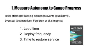 1. Measure Autonomy, to Gauge Progress
Initial attempts: tracking disruption events (qualitative).
Eventual (quantitative)...