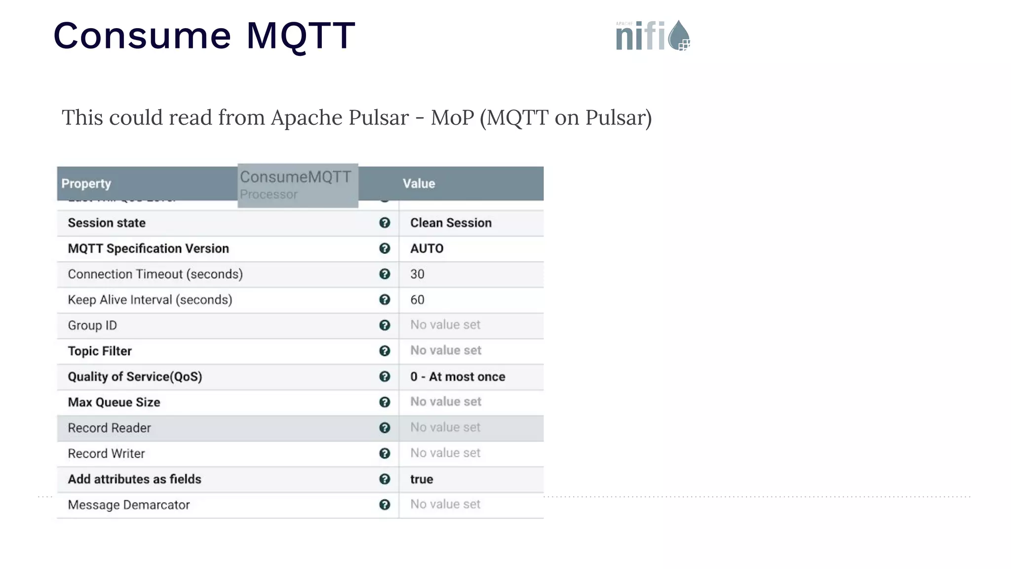 Consume MQTT This could read from Apache Pulsar - MoP (MQTT on Pulsar) 