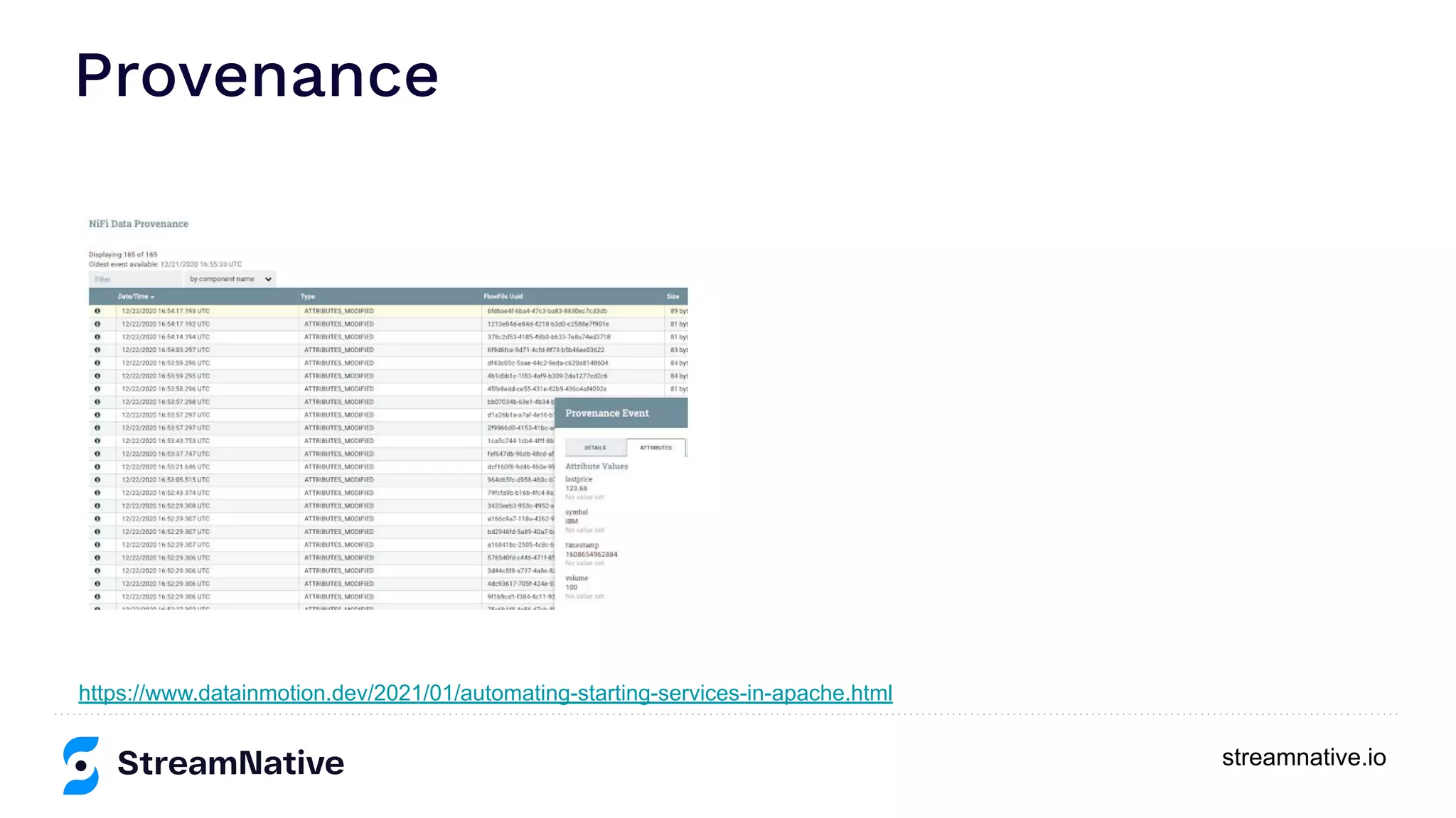 streamnative.io Provenance https://www.datainmotion.dev/2021/01/automating-starting-services-in-apache.html 