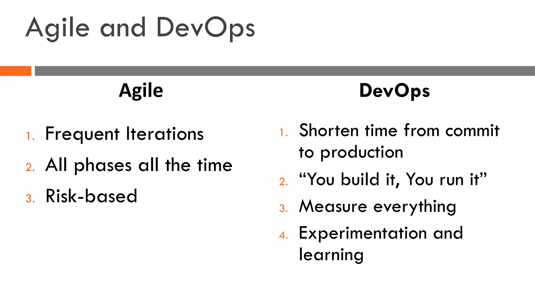 Agile and DevOps
1. Frequent Iterations
2. All phases all the time
3. Risk-based
1. Shorten time from commit
to production
2. “You build it, You run it”
3. Measure everything
4. Experimentation and
learning
Agile DevOps
 