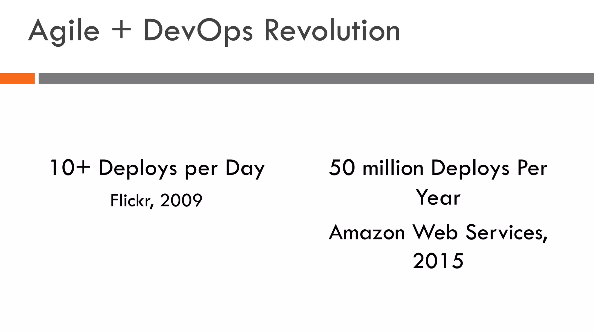 Agile + DevOps Revolution
10+ Deploys per Day
Flickr, 2009
50 million Deploys Per
Year
Amazon Web Services,
2015
 