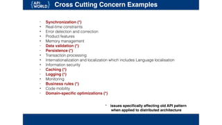 Cross Cutting Concern Examples
• Synchronization (*)
• Real-time constraints
• Error detection and correction
• Product features
• Memory management
• Data validation (*)
• Persistence (*)
• Transaction processing
• Internationalization and localization which includes Language localisation
• Information security
• Caching (*)
• Logging (*)
• Monitoring
• Business rules (*)
• Code mobility
• Domain-specific optimizations (*)
* issues specifically affecting old API pattern
when applied to distributed architecture
 